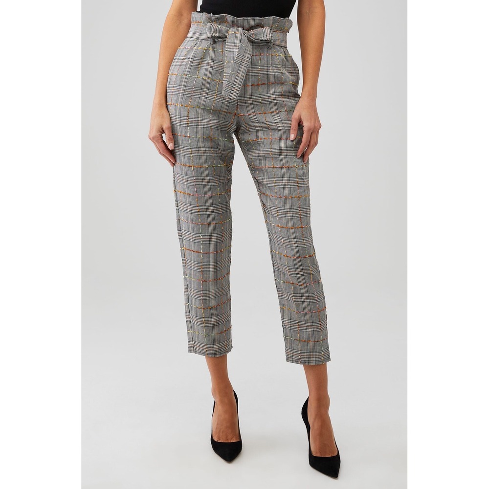 Amanda‎ Uprichard Tessi Pants Grey Plaid Paperbag Waist Tapered Ankle Trousers M